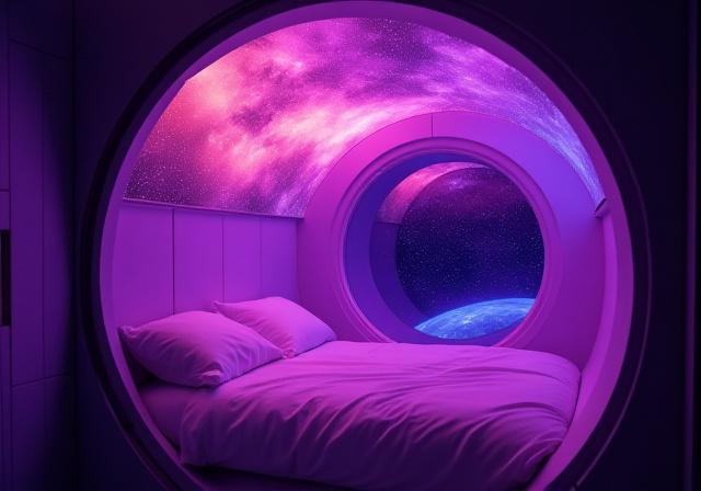 Nebula themed room with glowing ceiling