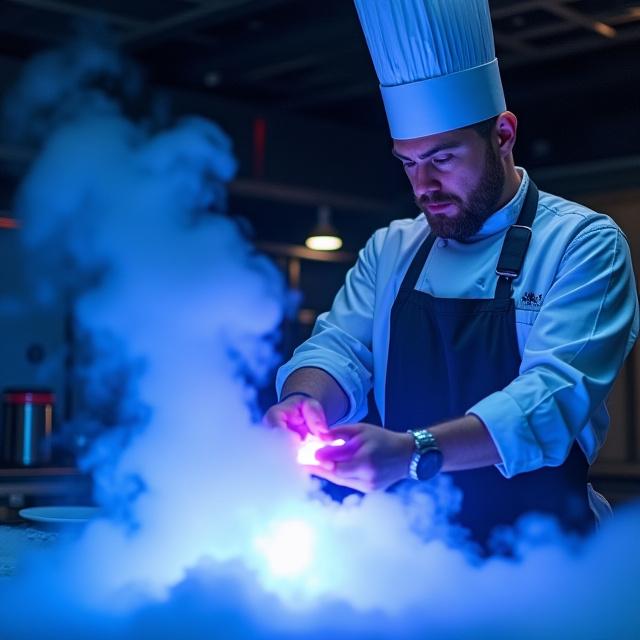 Executive Chef preparing molecular space food with liquid nitrogen